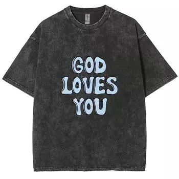 Футболка женская с надписью «Бог любит тебя», хлопковая, свободного покроя, с круглым вырезом и коротким рукавом, в американском стиле ретро, повседневная S