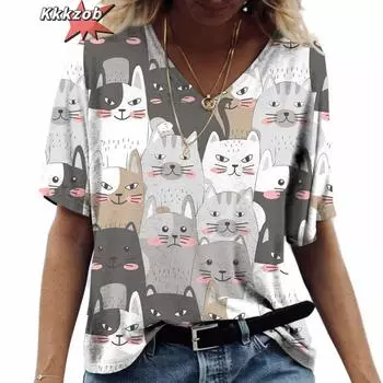 Футболка женская с принтом аниме-кота 2024 года, модная одежда в стиле Харадзюку, футболки большого размера с коротким рукавом и V-образным вырезом, женская повседневная уличная блузка 2XS