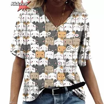 Футболка женская с принтом аниме-кота 2024 года, модная одежда в стиле Харадзюку, футболки большого размера с коротким рукавом и V-образным вырезом, женская повседневная уличная блузка S
