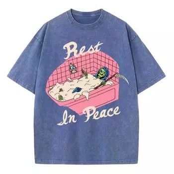 Футболка женская с принтом черепа из выстиранной джинсовой ткани унисекс свободного покроя с коротким рукавом в винтажном смешном стиле для мужчин S