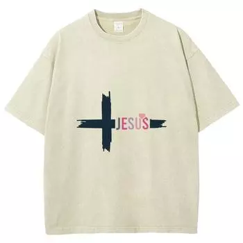 Футболка женская с принтом креста и Иисуса, стираная джинсовая ткань, свободного покроя, с коротким рукавом, в американском винтажном стиле, состаренный топ Niche S