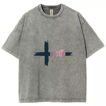 Футболка женская с принтом креста и Иисуса, стираная джинсовая ткань, свободного покроя, с коротким рукавом, в американском винтажном стиле, состаренный топ Niche S
