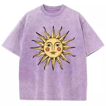 Футболка женская с принтом лица солнца, стираный хлопок, дышащая, высокого качества, с коротким рукавом, свободная, мужская, с коротким рукавом, состаренная S