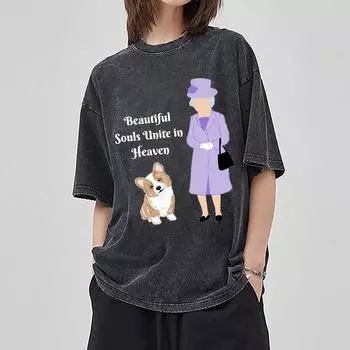 Футболка женская с принтом персонажа из мультфильма «Корги», стираный хлопок, свободный, с коротким рукавом, базовый топ S