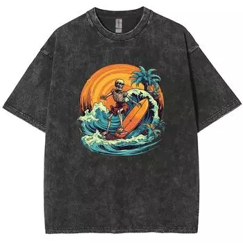 Футболка женская с принтом природы и пейзажей, свободного покроя, эластичная, с потертостями, джинсовая ткань, короткий рукав, повседневная одежда для мужчин M