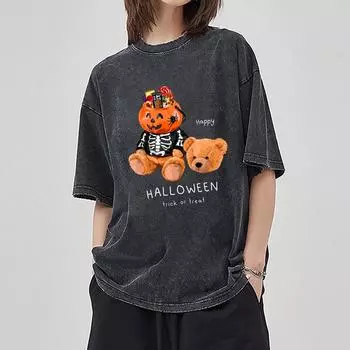 Футболка женская с принтом тыквы и медведя на Хэллоуин, повседневная, симпатичная, унисекс, стираный деним, хлопок, короткий рукав, свободный топ S