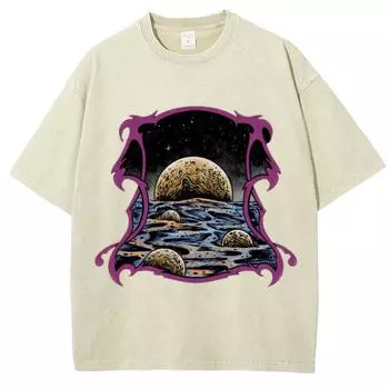 Футболка женская с принтом в мультяшном стиле с принтом в космическом стиле, стираная джинсовая ткань, свободного покроя, с коротким рукавом, унисекс, для пар S