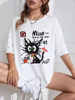 Футболка женская с принтом жареного черного кота, модная мягкая дышащая футболка, спортивная повседневная свободная футболка с коротким рукавом для женщин M белый