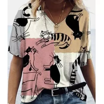 Футболка женская с принтом, женская футболка, летняя футболка с коротким рукавом и v-образным вырезом, повседневный свободный топ, большой размер, женская уличная одежда, размер топа XXS