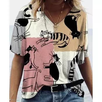 Футболка женская с принтом, женская футболка, летняя футболка с коротким рукавом и v-образным вырезом, повседневный свободный топ, большой размер, женская уличная одежда, размер топа XXS
