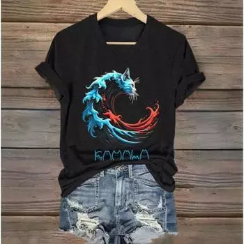 Футболка женская с принтом животных, летняя, с V-образным вырезом и короткими рукавами, модные топы с рисунком волн и кошек, простой пуловер оверсайз S