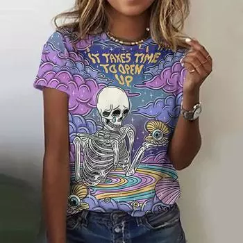 Футболка женская с рисунком черепа Y2k с принтом Harajuku, топы с коротким рукавом, модный винтажный свободный свитер с круглым вырезом, женская повседневная одежда S
