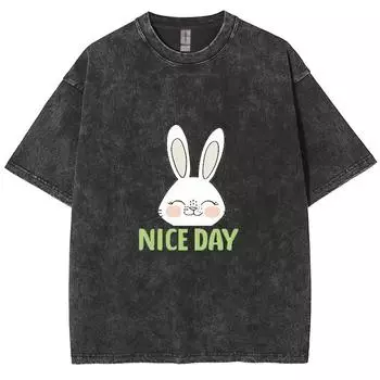 Футболка женская с рисунком милого белого кролика из чистого хлопка, удобная, потертая ткань, состаренный, короткий рукав, американский ретро-топ S