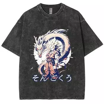 Футболка женская с рисунком японского аниме-мультяшного дракона, чистый хлопок, удобный короткий рукав, круглый вырез, стираный унисекс-топ S