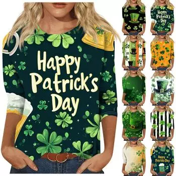 Футболка женская с рукавом 3/4, повседневная, St. Футболка с принтом ко Дню Святого Патрика, джемпер с круглым вырезом XL