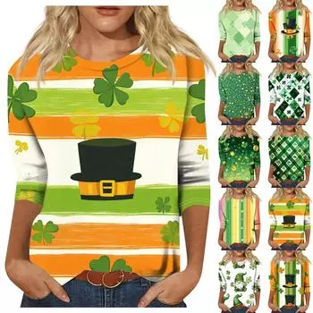 Футболка женская с рукавом 3/4, повседневная, St. Футболка с принтом ко Дню Святого Патрика, джемпер с круглым вырезом L армия зеленый