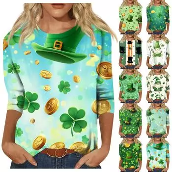 Футболка женская с рукавом 3/4, повседневная, St. Футболка с принтом ко Дню Святого Патрика, джемпер с круглым вырезом L армия зеленый