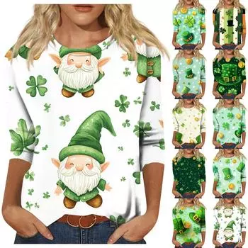 Футболка женская с рукавом 3/4, повседневная, St. Футболка с принтом ко Дню Святого Патрика, джемпер с круглым вырезом L армия зеленый