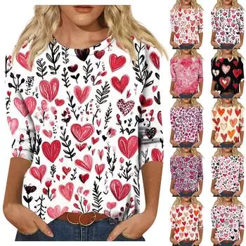 Футболка женская с рукавом 3/4, повседневная футболка с принтом ко Дню святого Валентина, джемпер с круглым вырезом L чёрный