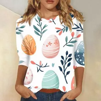 Футболка женская с рукавом 3/4, повседневный топ с пасхальным принтом, футболка с круглым вырезом L армия зеленый
