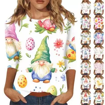 Футболка женская с рукавом 3/4, повседневный топ с пасхальным принтом, футболка с круглым вырезом XXXXL