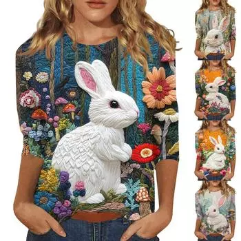 Футболка женская с рукавом 3/4, повседневный топ с пасхальным принтом, футболка с круглым вырезом XL