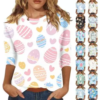 Футболка женская с рукавом 3/4, повседневный топ с пасхальным принтом, футболка с круглым вырезом XXXXL циан
