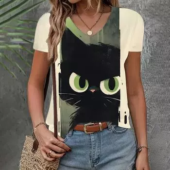 Футболка женская с V-образным вырезом и коротким рукавом, свободная, повседневная, с коротким рукавом, для вечеринок, трендовая одежда, топ с рисунком кошки, женская одежда, футболка XS