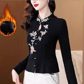 Футболка женская с вышивкой, с длинными рукавами, внутренняя часть с зимним флисовым утолщенным верхом для новой мамы, облегающая нижняя часть рубашки M