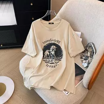 Футболка женская средней длины с разрезом и короткими рукавами, размер Plate-size, с принтованными летними универсальными топами 2XL