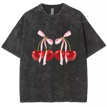 Футболка женская Sweet Girl Cute Wind Cherry Bow Print с круглым вырезом и коротким рукавом, летняя S