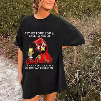 Футболка женская свободного покроя с круглым вырезом и короткими рукавами из чистого хлопка, весна-лето, с принтом в виде петуха S чёрный