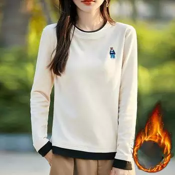 Футболка женская, тонкая, повседневная, из бархата, с длинным рукавом, с рисунком, с вышивкой, для женщин, осень-зима M