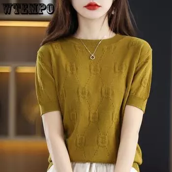 Футболка женская трикотажная Ice Silk Hollow Out, летняя, свободная, с круглым вырезом, для похудения, универсальная, трикотажная, базовая, женская, тонкая S красный