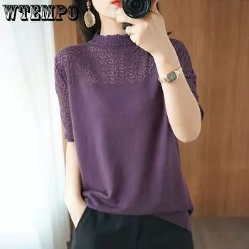 Футболка женская трикотажная Ice Silk Hollow с короткими рукавами, летняя, новая, стильная, с полувысоким воротом, универсальная, свободная S