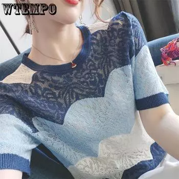 Футболка женская трикотажная Ice Silk с короткими рукавами, тонкая летняя свободная ажурная футболка, женский топ S