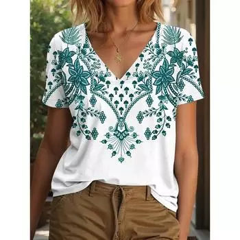 Футболка женская уличная с цветочным принтом, летняя повседневная с V-образным вырезом и коротким рукавом S