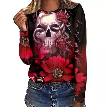 Футболка женская уличная с мультяшным принтом, тематические спортивные футболки с длинным рукавом 3D, футболки на Хэллоуин, осенние свитера, топ S
