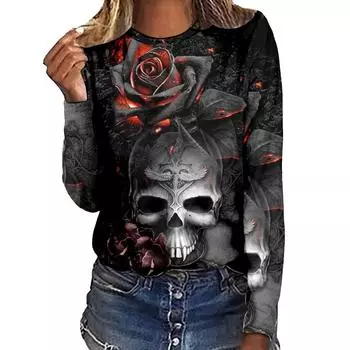 Футболка женская уличная с мультяшным принтом, тематические спортивные футболки с длинным рукавом 3D, футболки на Хэллоуин, осенние свитера, топ S