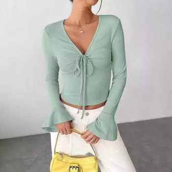 Футболка женская Urban с расклешенными рукавами, V-образным вырезом и застежкой на пуговицы на осень и зиму S чёрный