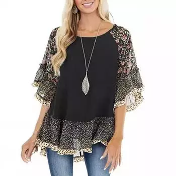 Футболка женская весна-лето с рукавами «летучая мышь» и цветочным принтом в стиле колор-блок с леопардовым узором и средним рукавом S чёрный