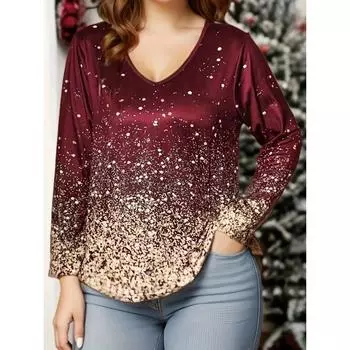 Футболка женская весна-осень, модная рождественская повседневная, градиентная, с 3D-принтом, с V-образным вырезом и длинными рукавами S
