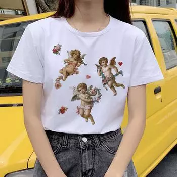 Футболки Angel Harajuku Ullzang для женщин, кавайные, забавные, мультяшные, футболка в стиле 90-х, симпатичная, в стиле гранж L белый