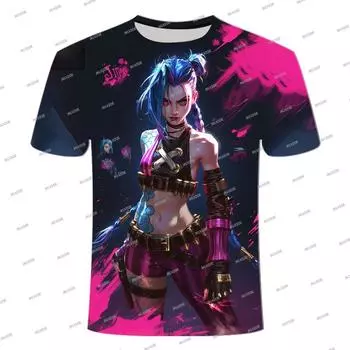Футболки Arcane, модные мужские и женские, в стиле Харадзюку, эстетика, ретро, аниме, Vi Jinx, футболка, унисекс, высокое качество, мультяшный принт, футболка S