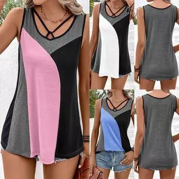 Футболки без рукавов, контрастные цветные пэчворк, сексуальный жилет, цветная футболка, топ для женщин S розовый