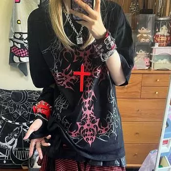 Футболки больших размеров Fairy, женская футболка с коротким рукавом Y2k Aesthetic, повседневная свободная футболка с графическим принтом в стиле Харадзюку S чёрный