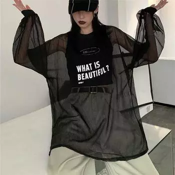 Футболки больших размеров с длинным рукавом женские с буквенным принтом свободные повседневные солнцезащитные классные Bf уличная одежда летние сетчатые свободные топы XL чёрный