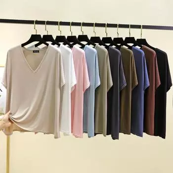 Футболки больших размеров с V-образным вырезом и короткими рукавами, женские тонкие футболки, базовый слой из модала, однотонные повседневные футболки L белый