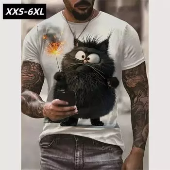Футболки больших размеров XXS-6XL для мужчин с принтом кошек, короткие рукава, футболки, мужская летняя повседневная одежда XXS
