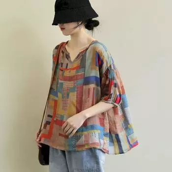 Футболки больших размеров, женская мода, нерегулярный принт, повседневная тонкая футболка, художественная рубашка с коротким рукавом, летние свободные топы с V-образным вырезом XXXL красный